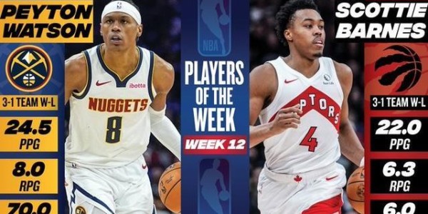 NBA周最佳：佩顿-沃特森和斯科蒂-巴恩斯当选，前者生涯首获奖